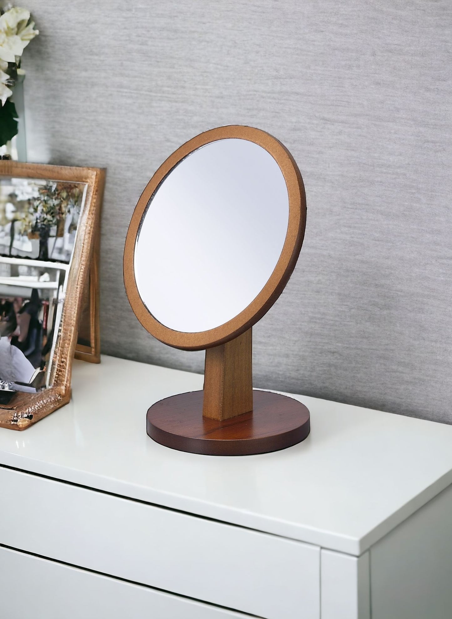 Brown Round Makeup Shaving Tabletop Mirror