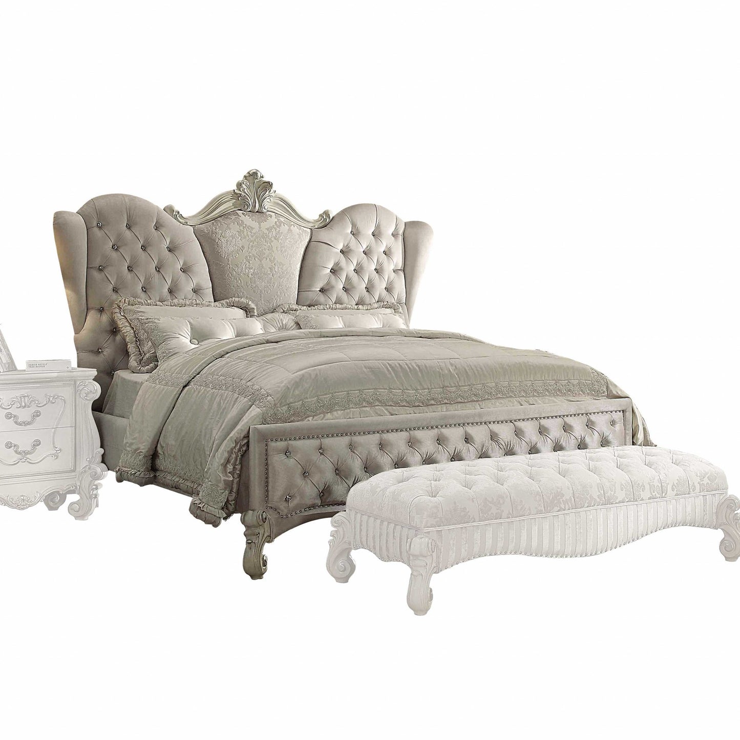 Solid Wood Queen Tufted Ivory Upholstered Velvet Bed With Nailhead Trim