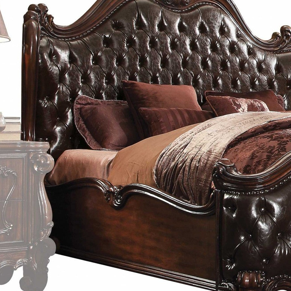 Solid Wood Queen Tufted Dark Brown Upholstered Faux Leather Bed With Nailhead Trim