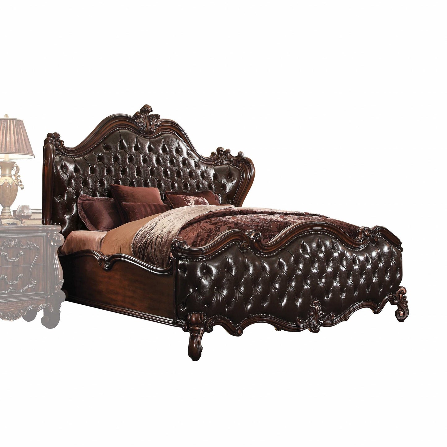 Solid Wood Queen Tufted Dark Brown Upholstered Faux Leather Bed With Nailhead Trim