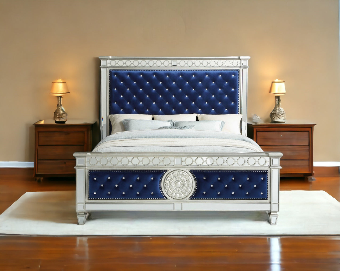 Queen Tufted Blue Upholstered Velvet Bed With Nailhead Trim