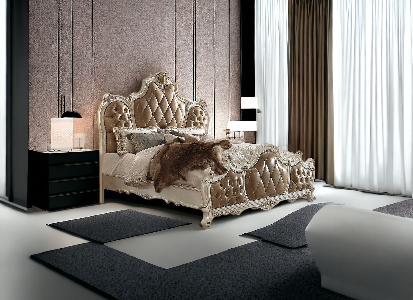 King Tufted Beige Upholstered Faux Leather Bed With Nailhead Trim