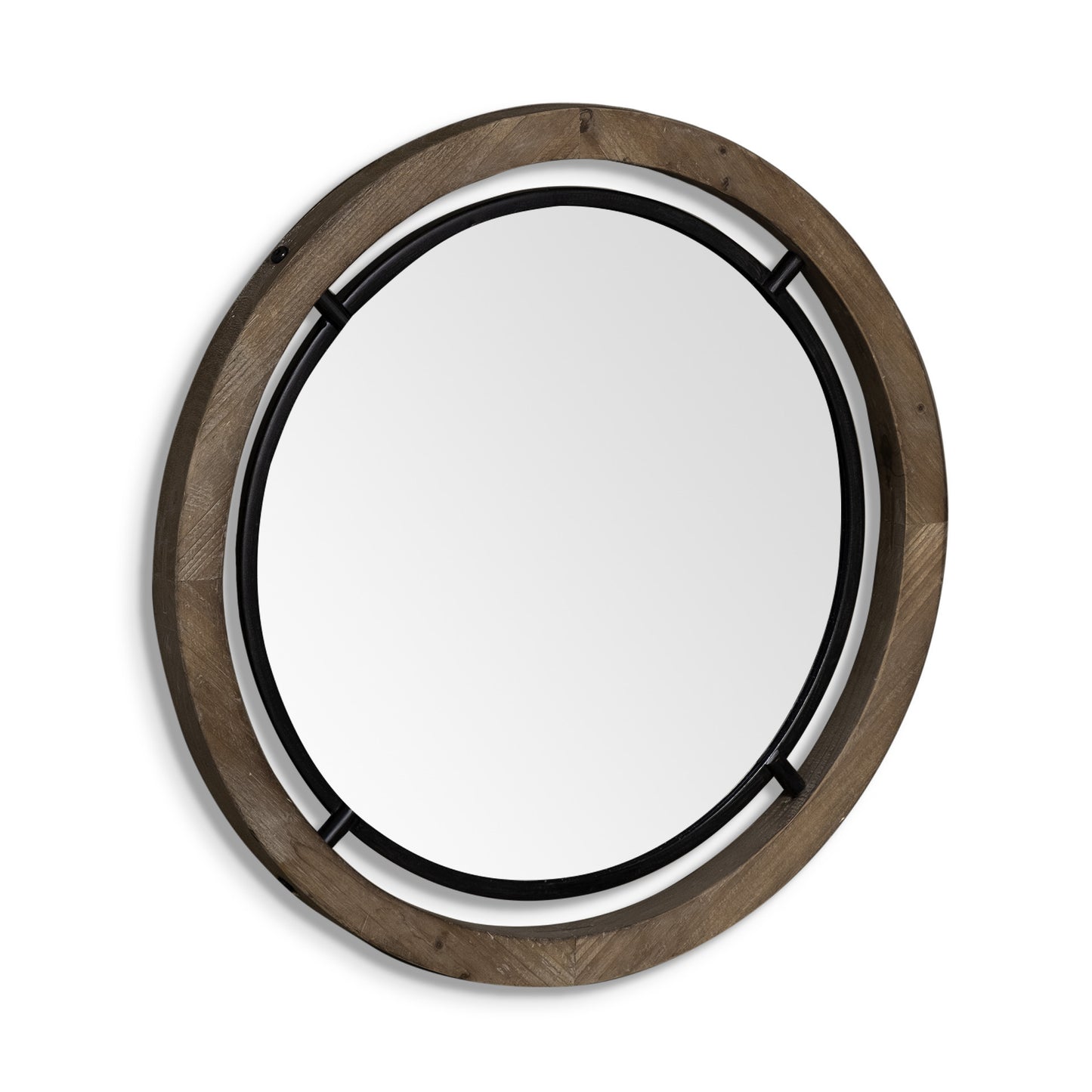 28" Brown Wood And Black Metal Double Frame Wall Mirror