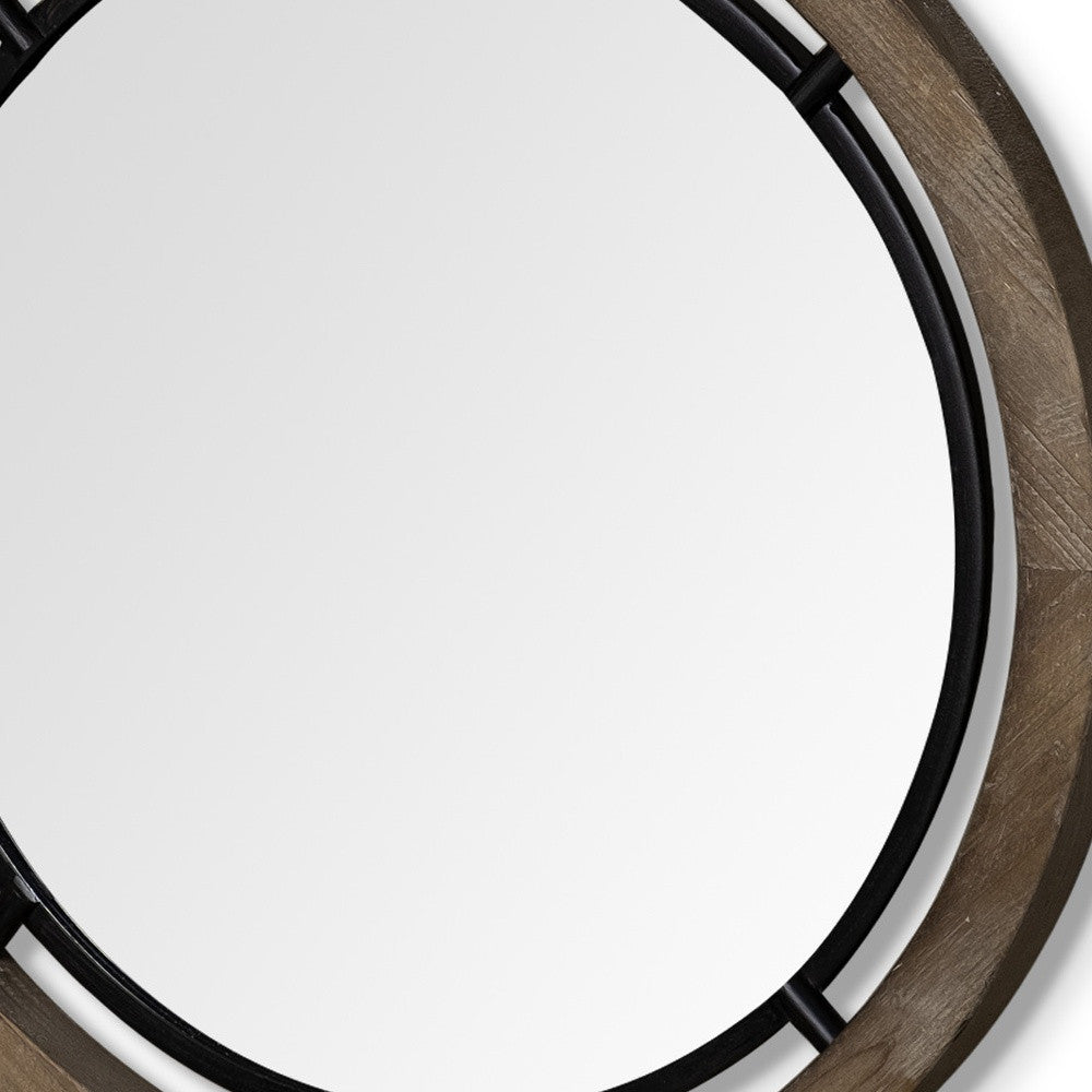 28" Brown Wood And Black Metal Double Frame Wall Mirror