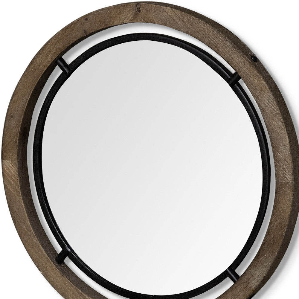 28" Brown Wood And Black Metal Double Frame Wall Mirror