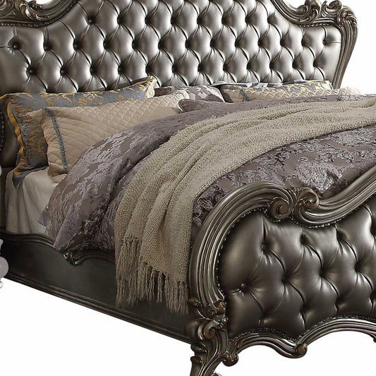 King Tufted Silver Upholstered Faux Leather Bed With Nailhead Trim