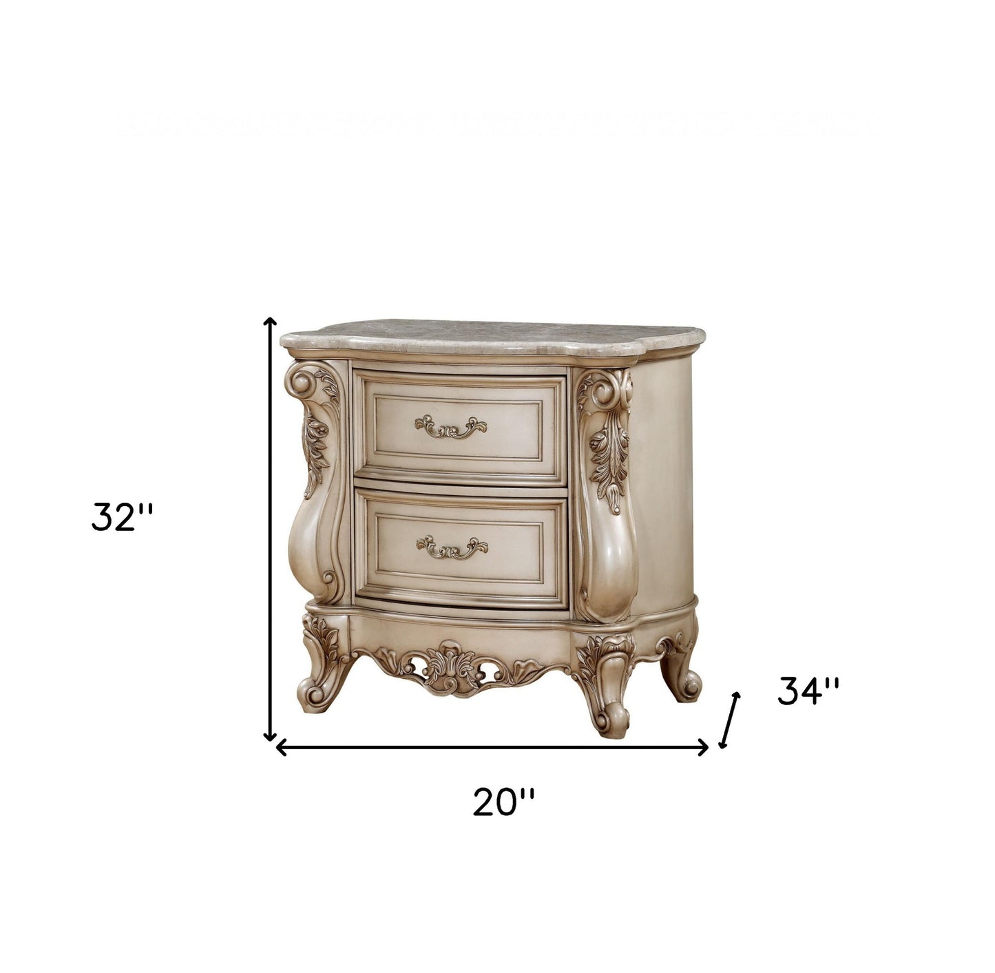 32" Antiqued White Two Drawers Mirrored Nightstand