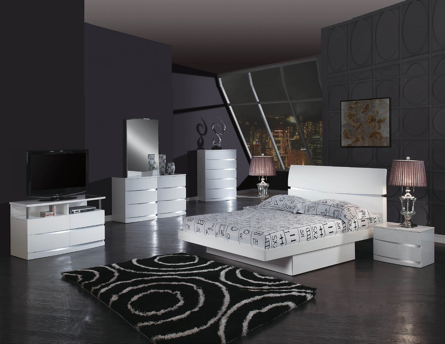 79" X 80"  X 42.5" 4Pc Eastern King Modern White High Gloss Bedroom Set