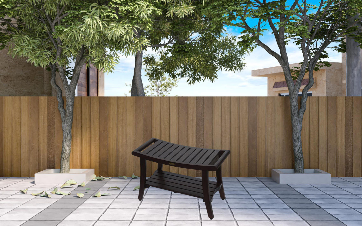 Contemporary Teak Shower Bench With Handles In Brown Finish