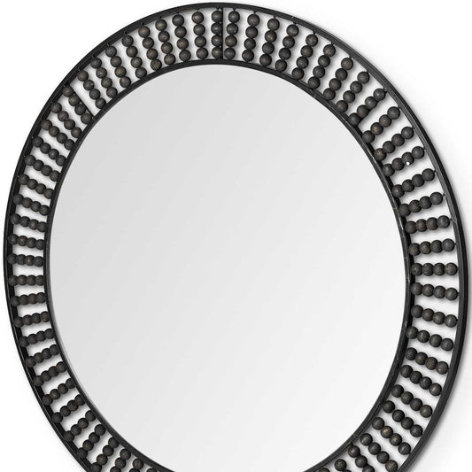 42" Round Black Metal Frame Wall Mirror With Wood Beads