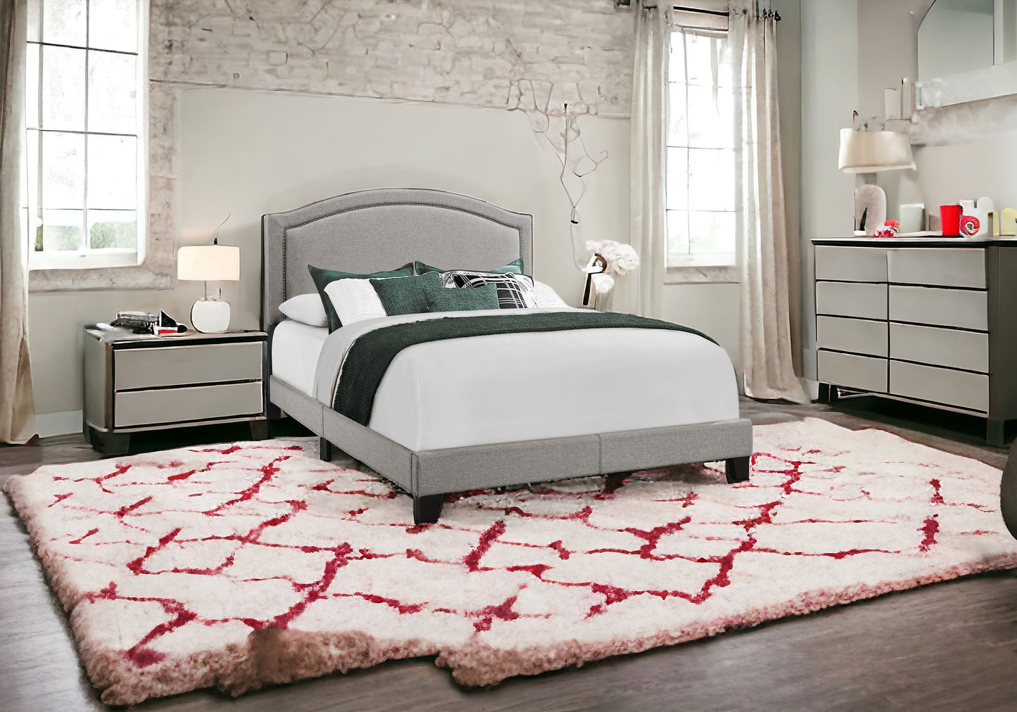 Solid Wood Queen Gray Upholstered Linen Bed With Nailhead Trim