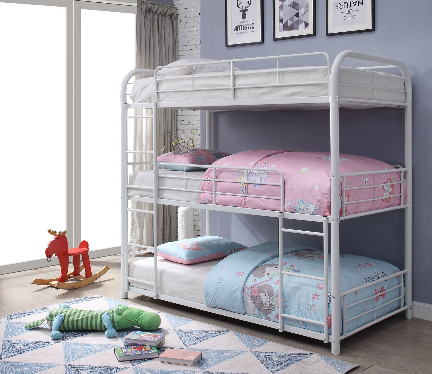 57" X 79" X 74" White Metal Triple Bunk Bed - Full