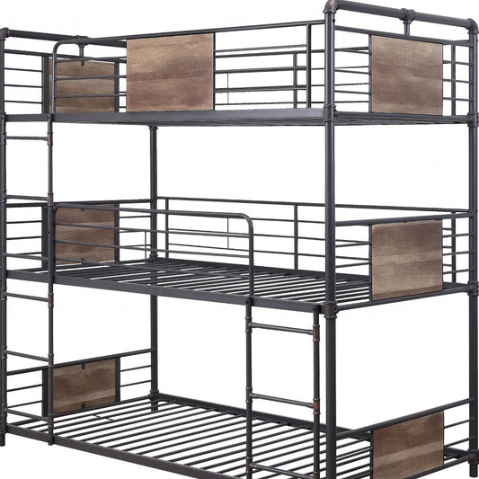 43" X 79" X 79" Sandy Black Dark Bronze Handbrushed Metal Wood Triple Bunk Bed  Twin