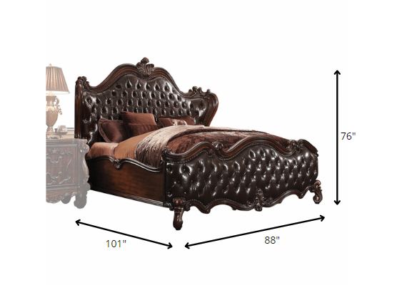 88" X 101" X 76" 2-Tone Dark Brown Pu Cherry Oak Wood Poly Resin Upholstery California King Bed