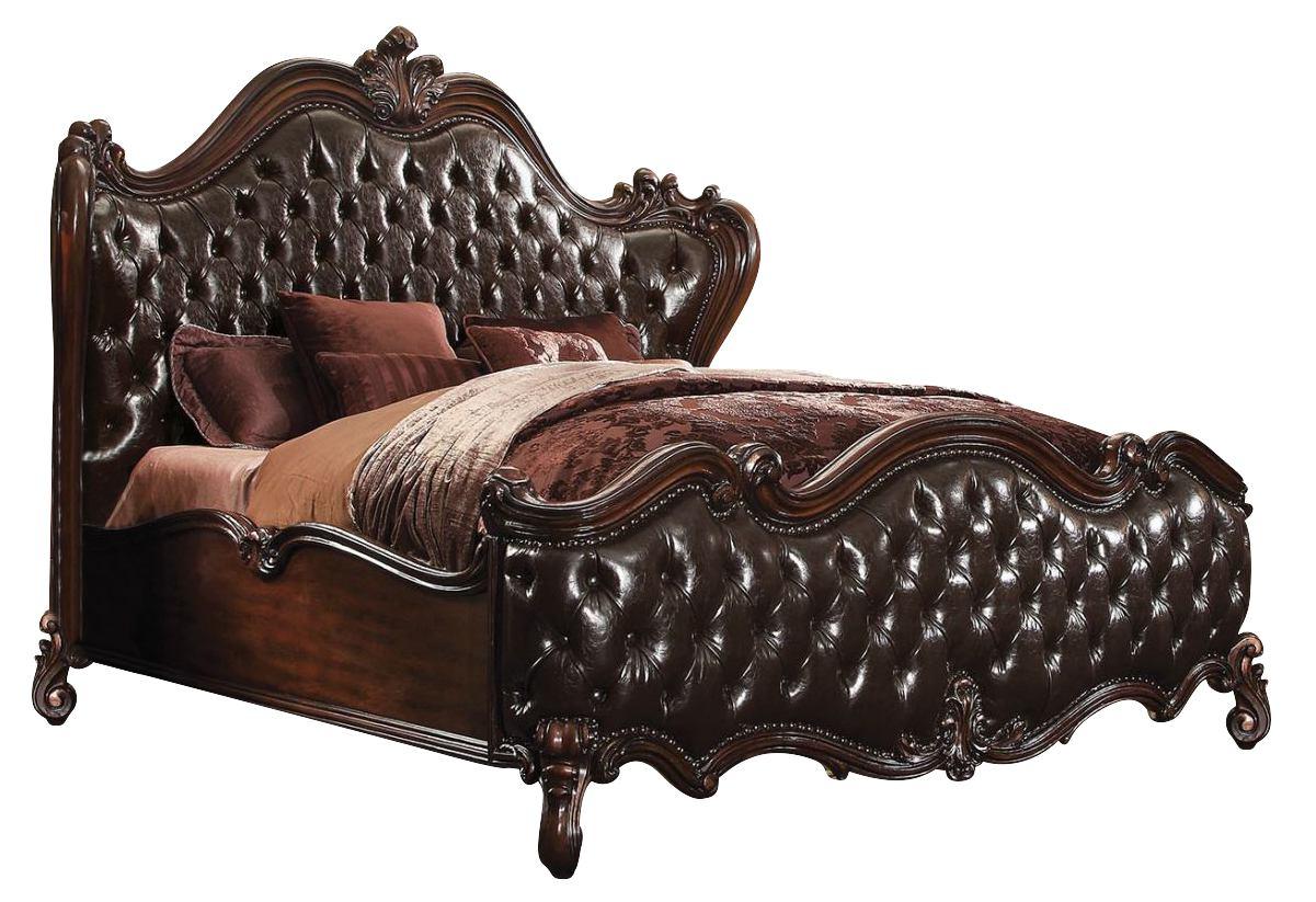 88" X 101" X 76" 2-Tone Dark Brown Pu Cherry Oak Wood Poly Resin Upholstery California King Bed