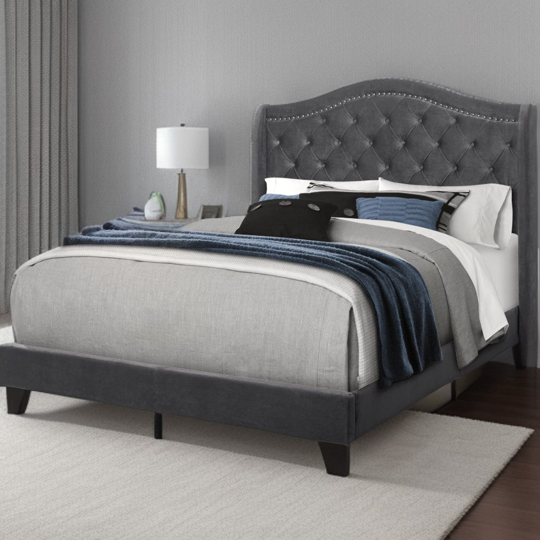 Solid Wood Queen Tufted Dark Gray And Gray Upholstered Velvet Bed