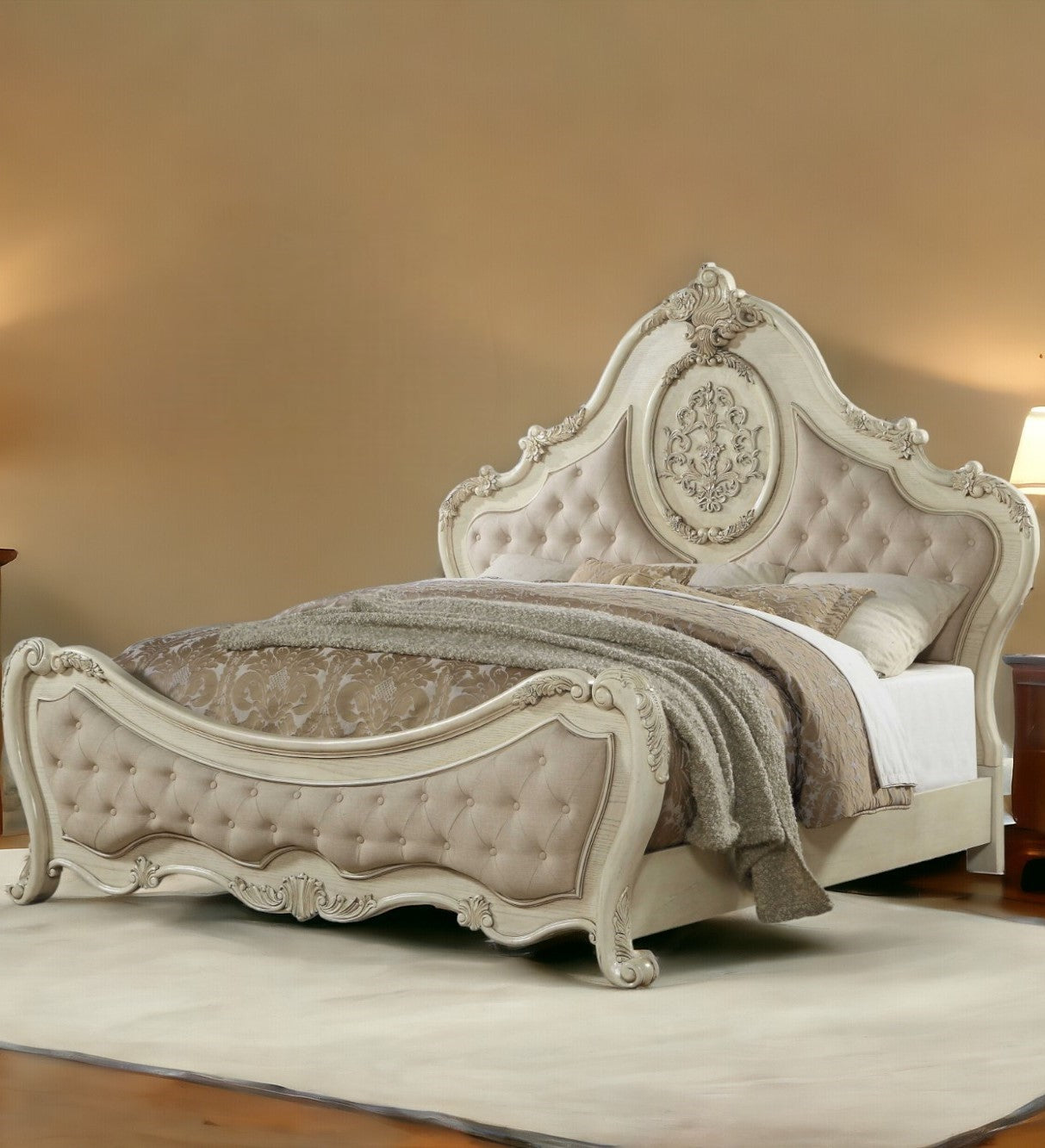 Queen Tufted Beige Upholstered Linen Bed With Nailhead Trim