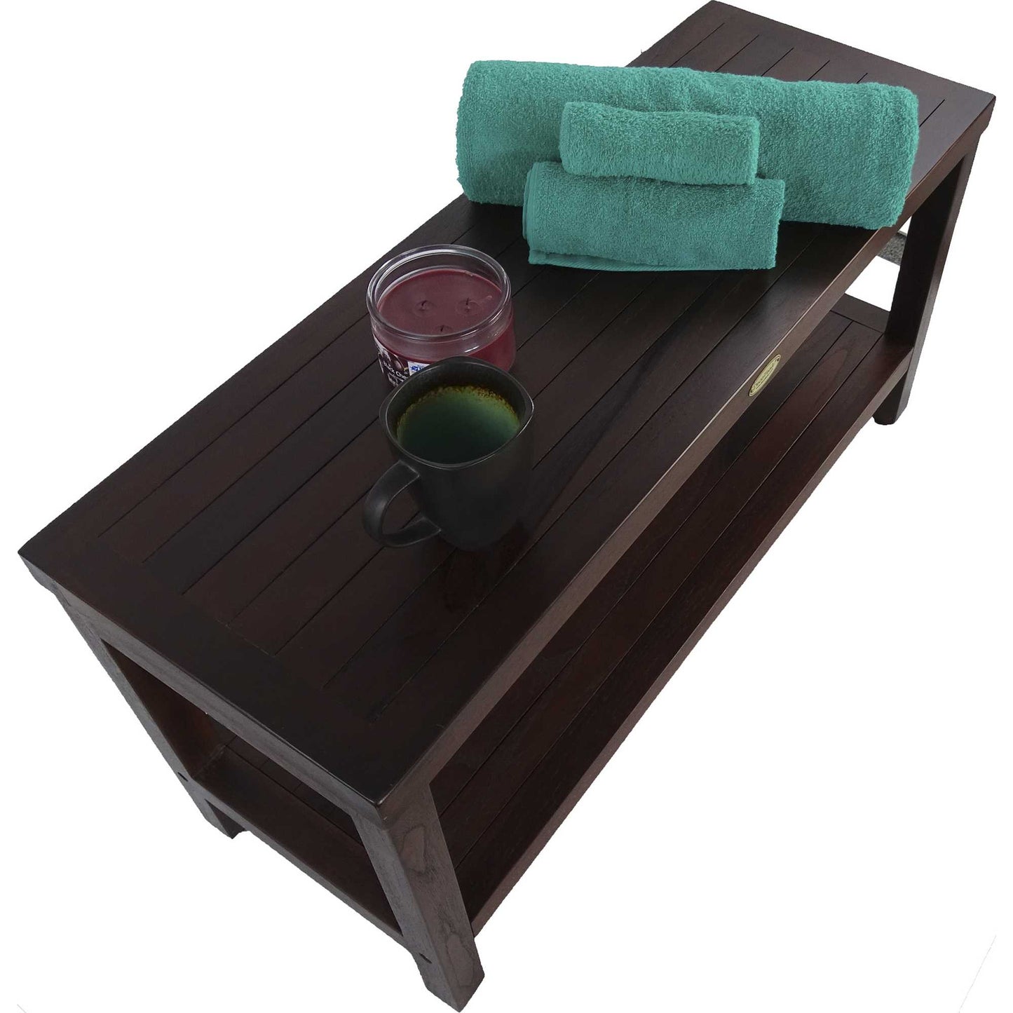 Rectangular Teak Shower Outdoor Bench With Shelf In Brown Finish