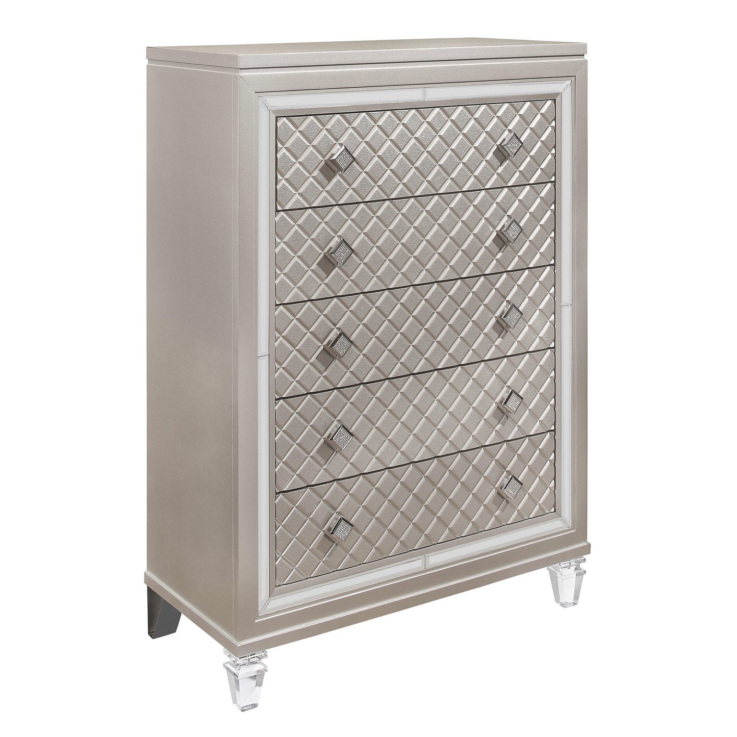 Champagne Toned Chest With Tapered Acrylic Legs And 5 Drawers