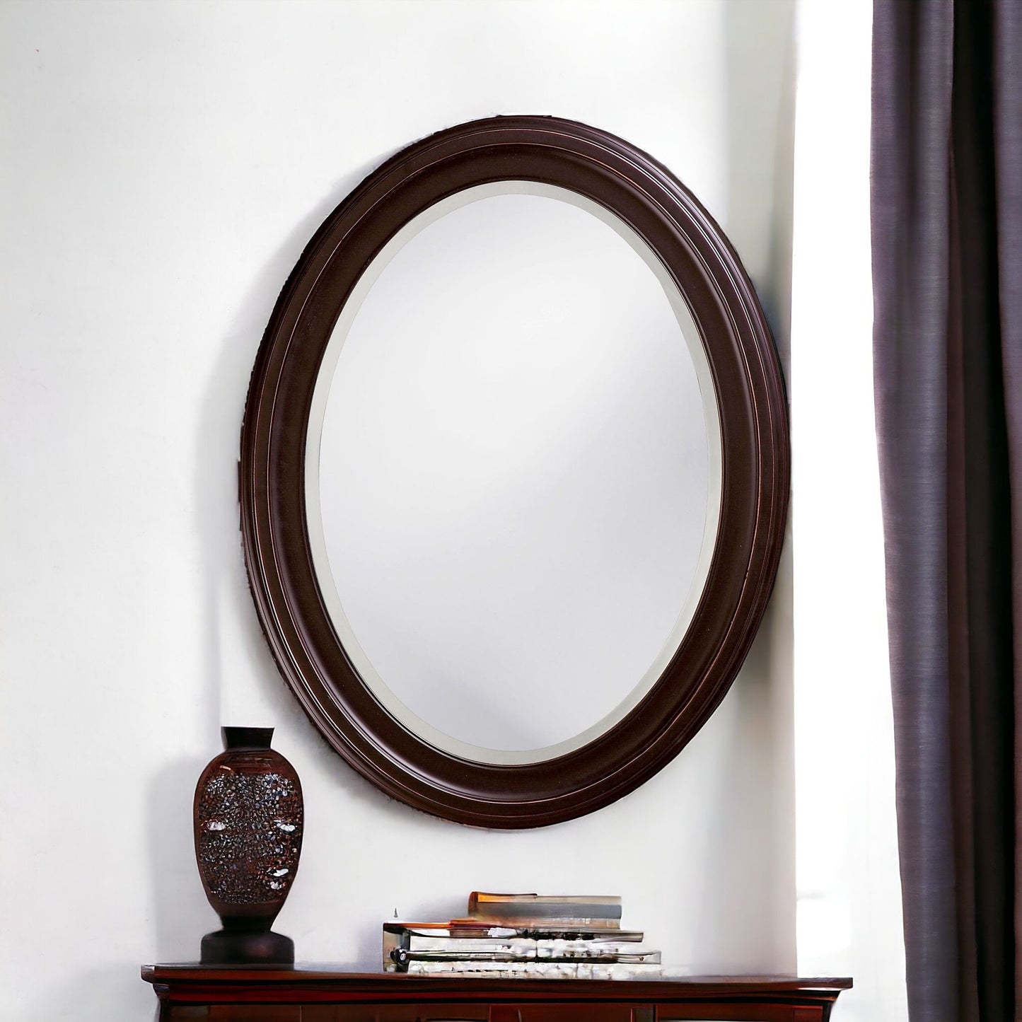 Oval Oil Rubbed Bronze Mirror With Wooden Grooves Frame