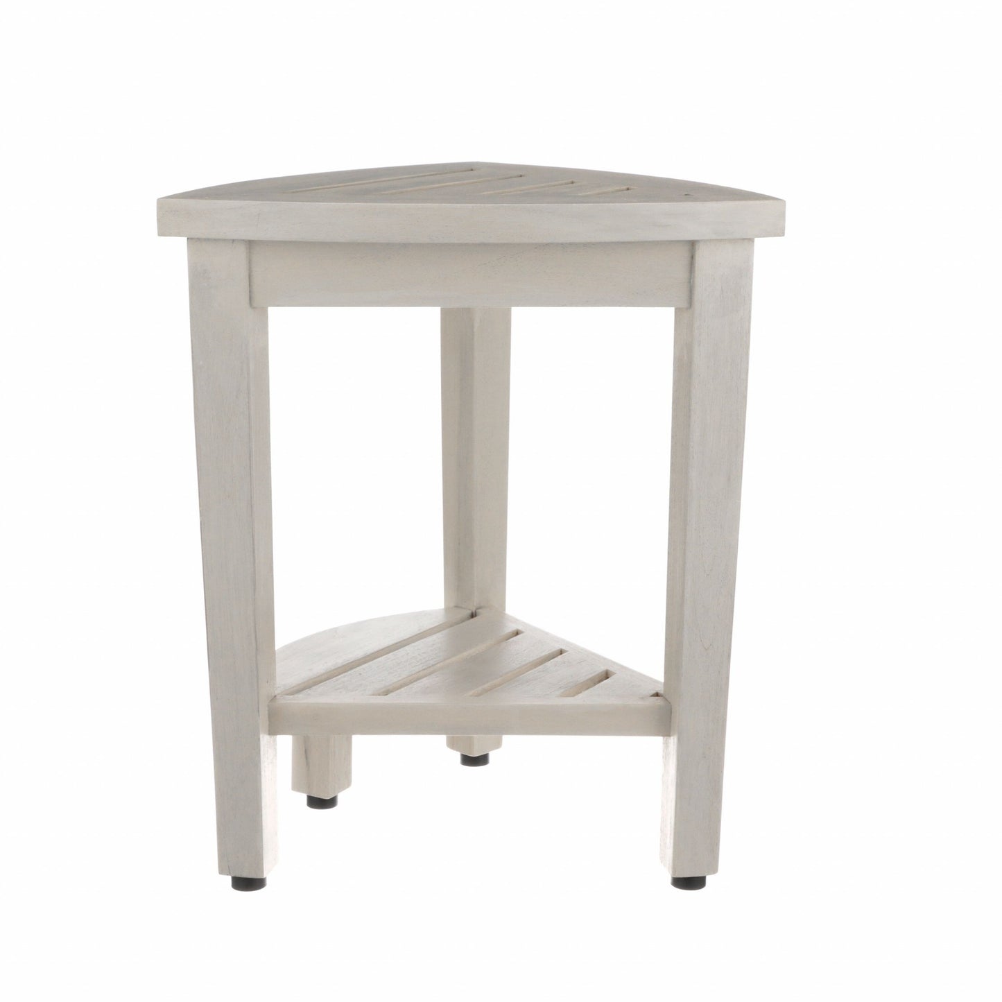 Compact Teak Corner Shower Stool With Shelf In Whitewash Finish