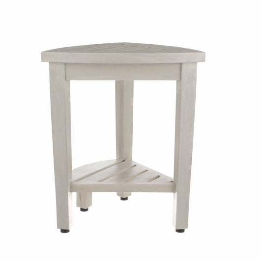 Compact Teak Corner Shower Stool With Shelf In Whitewash Finish