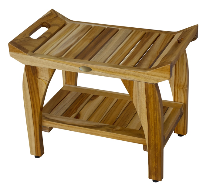 Compact Rectangular Teak Shower Bench With Handles In Natural Finish