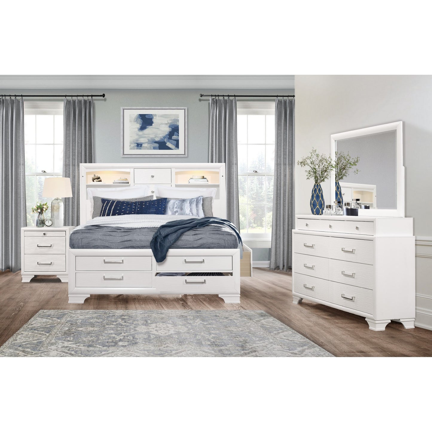 Solid Wood Queen White Eight Drawers Bed