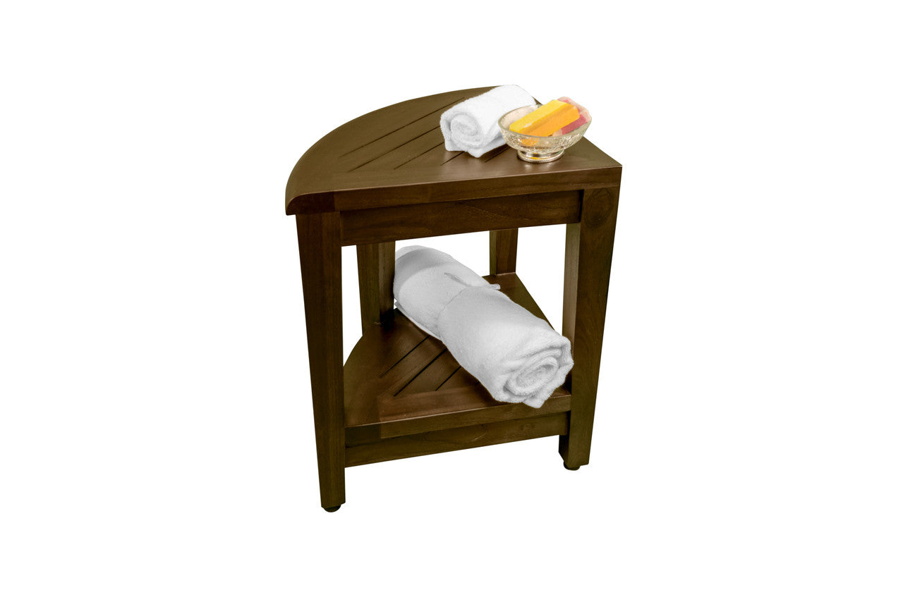 Curvilinear Dark Brown Teak 18" Corner Shower Bench With Shelf