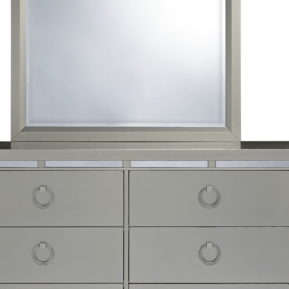 Modern Silver Tone Mirror With Sleek Wood Trim