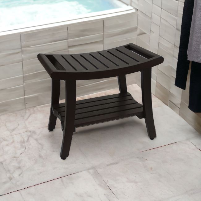 Contemporary Teak Shower Bench With Shelf And Handles In Brown Finish