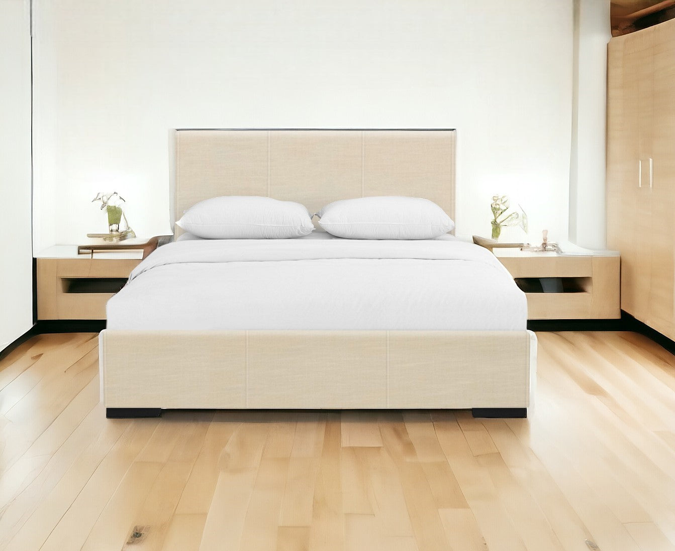 Beige Upholstered Queen Platform Bed