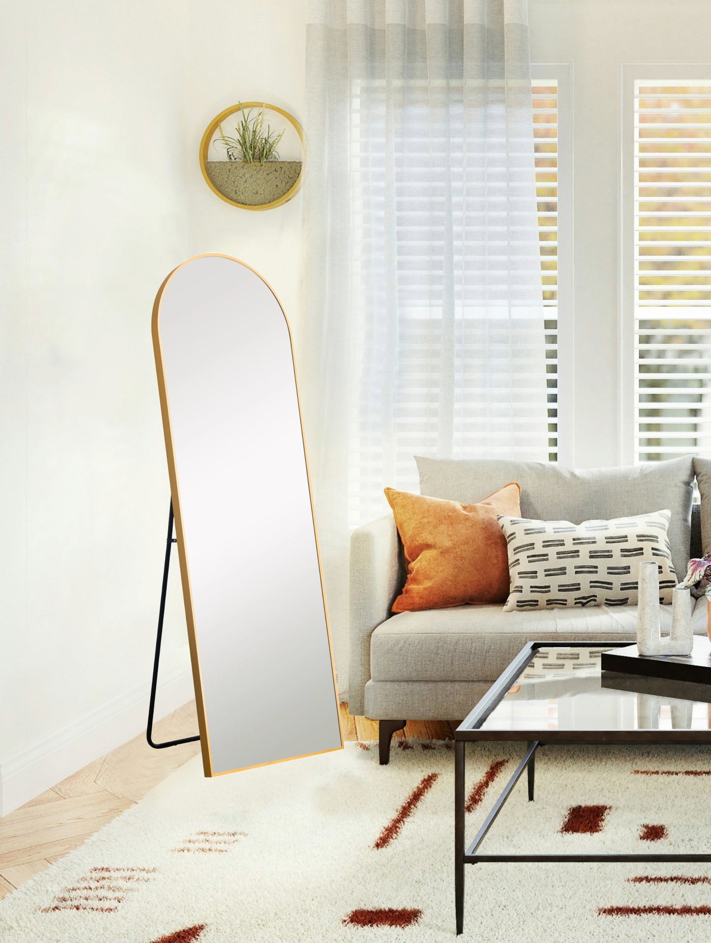 Narrow Gold Arched Full-length Floor Mirror with Stand