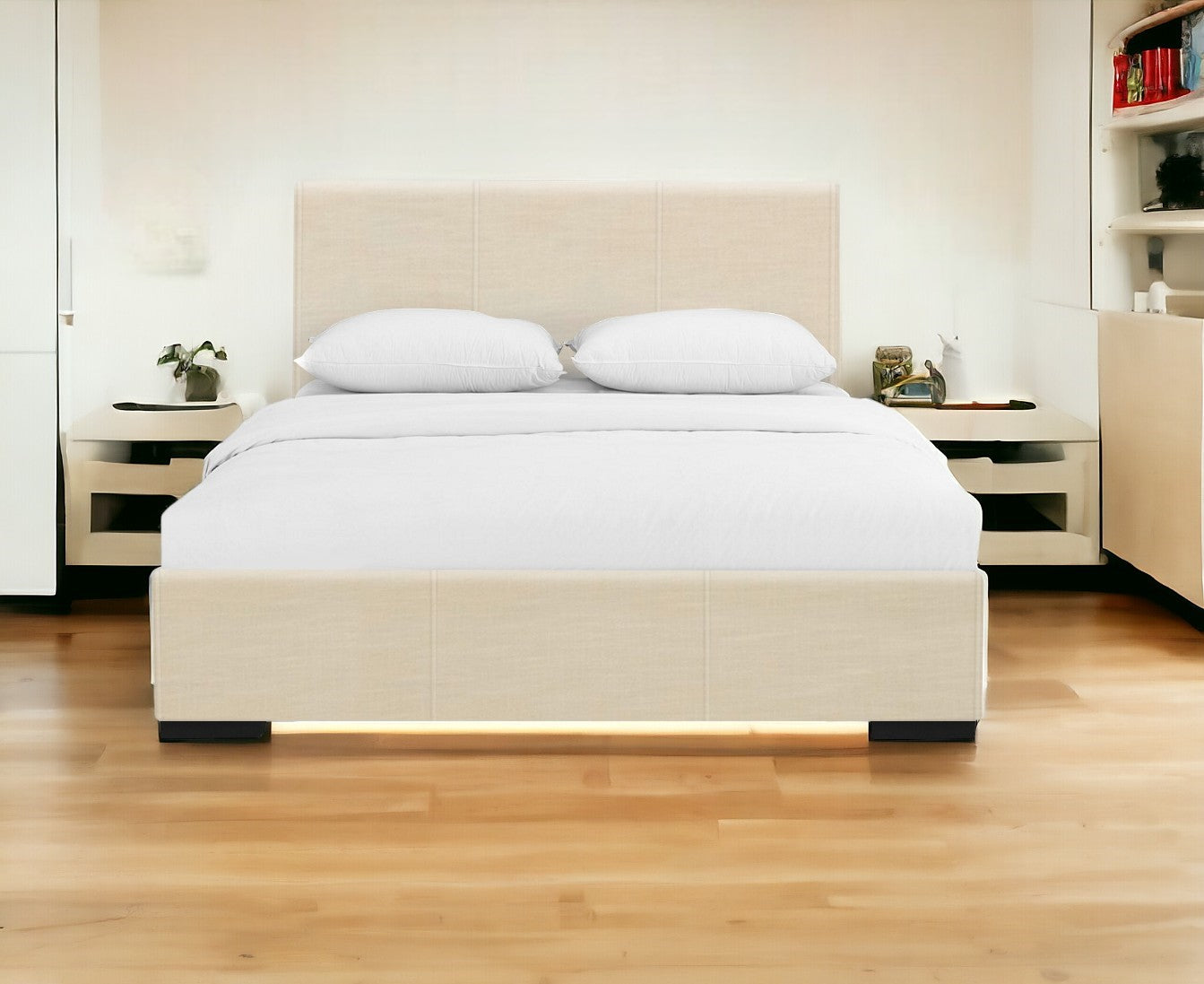 Beige Upholstered Full Platform Bed