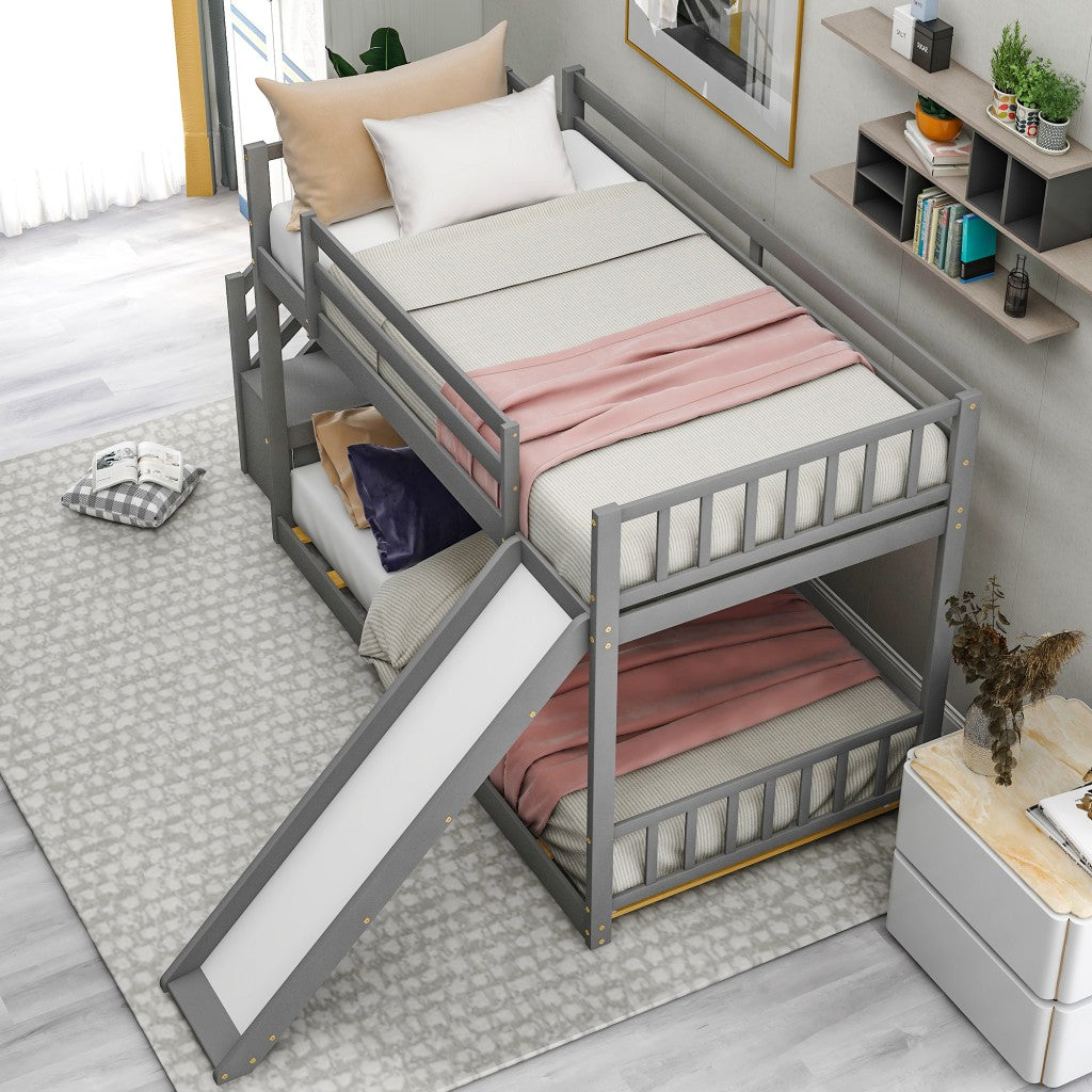 Gray Twin Over Twin Bunk Bed with Stairway and Slide