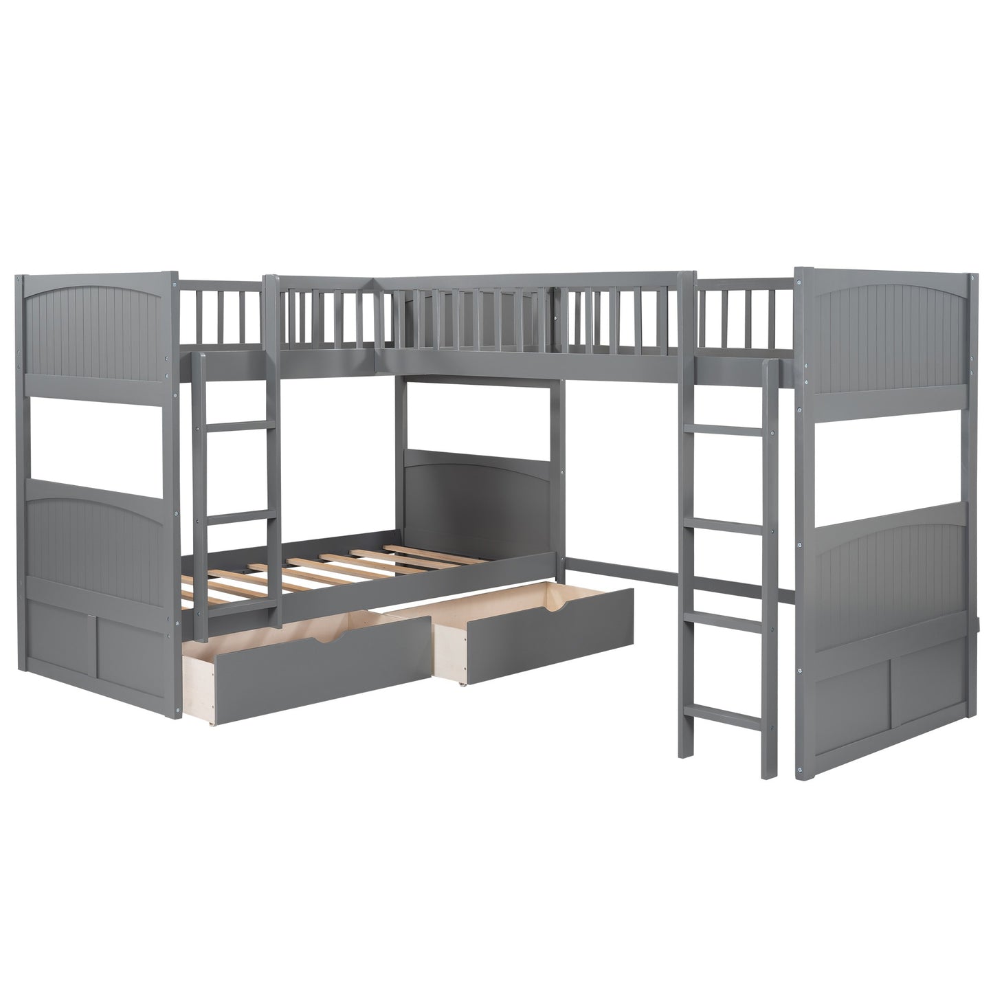 Gray Twin Size Bunk Bed with attached Loft Bed and Drawers