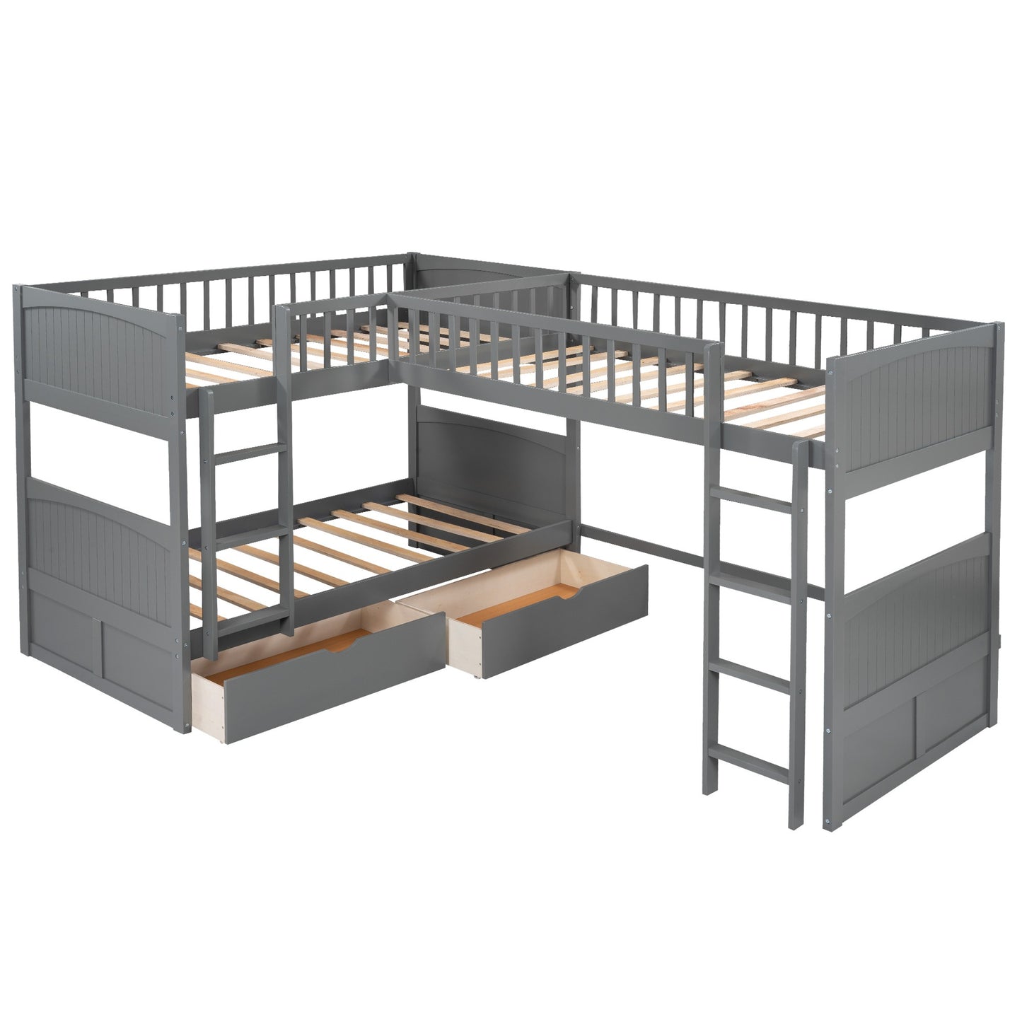 Gray Twin Size Bunk Bed with attached Loft Bed and Drawers