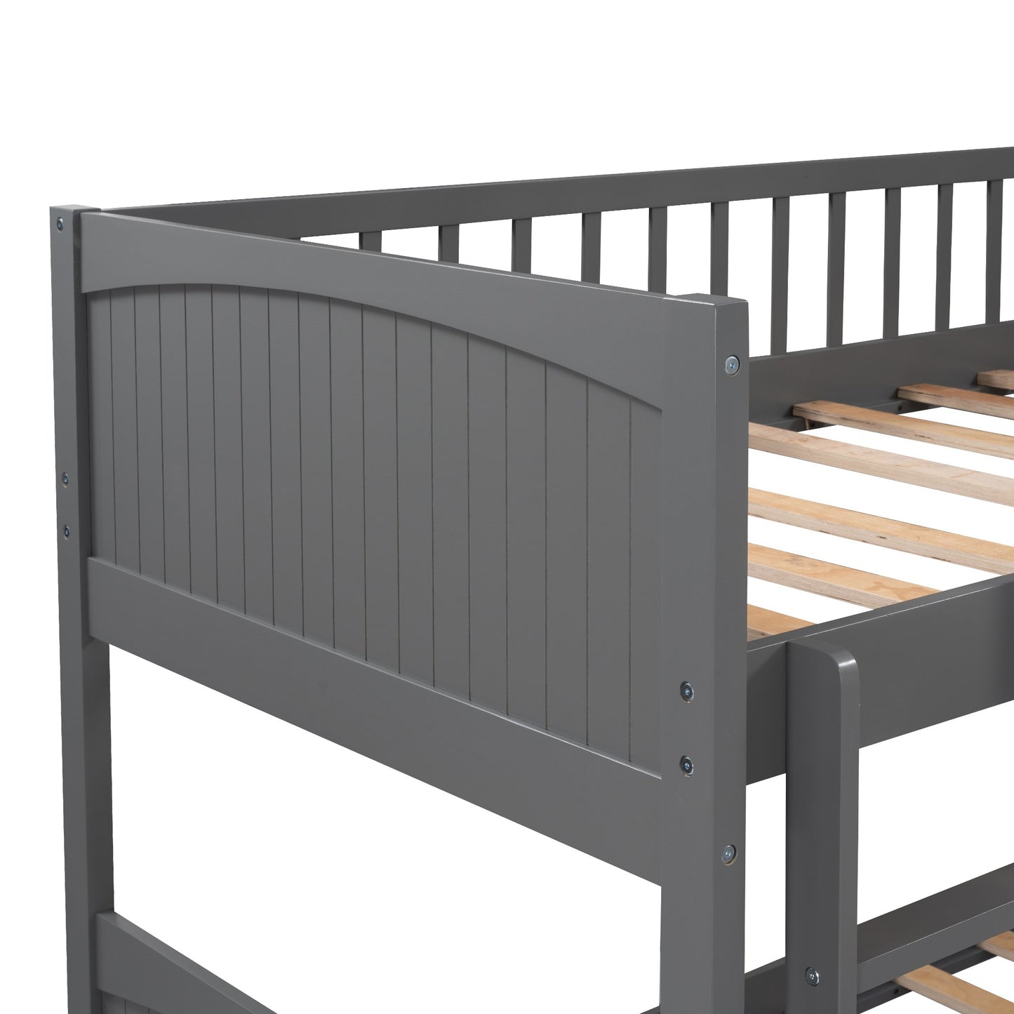 Gray Twin Size Bunk Bed with attached Loft Bed and Drawers