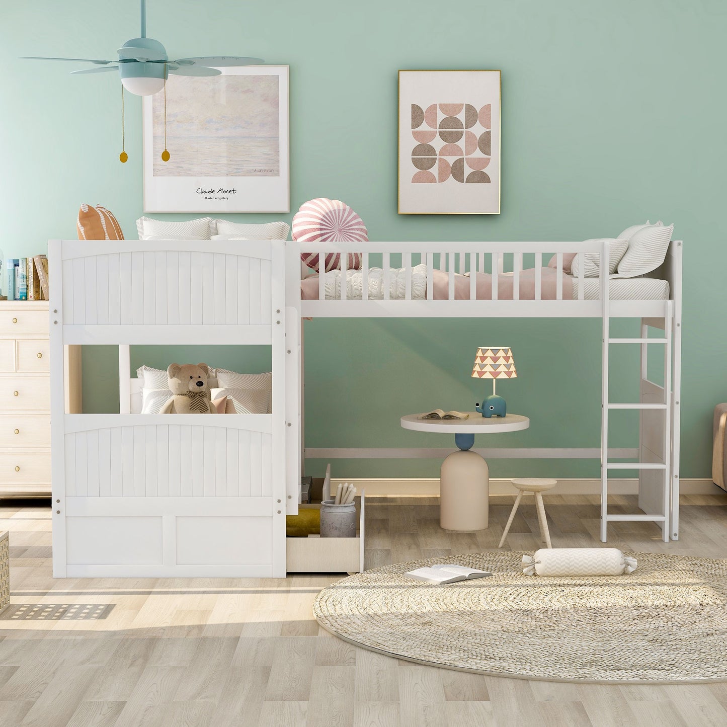 White Twin Size Bunk Bed with attached Loft Bed and Drawers