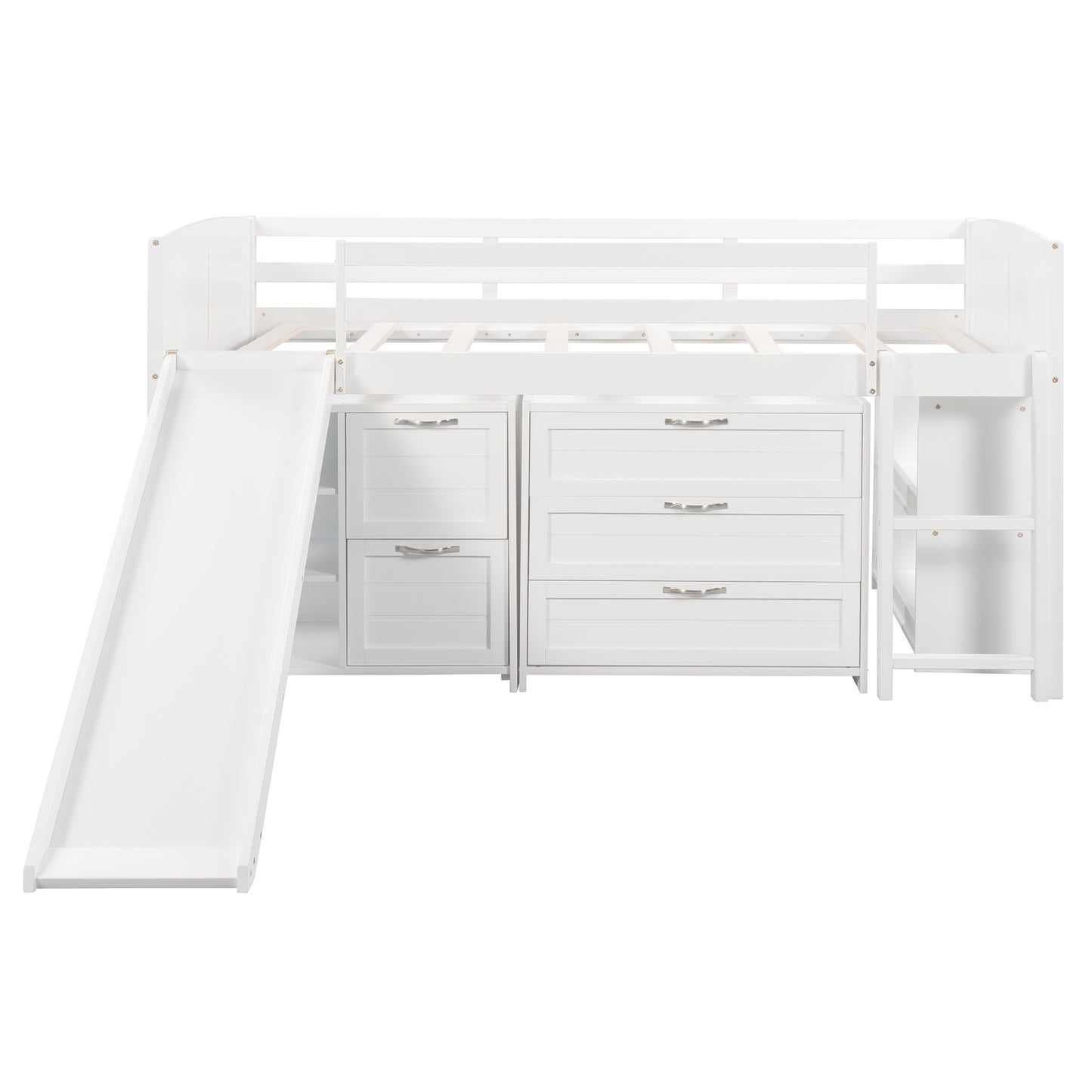 White Twin Size Low Loft Bed With Cabinets and Slide