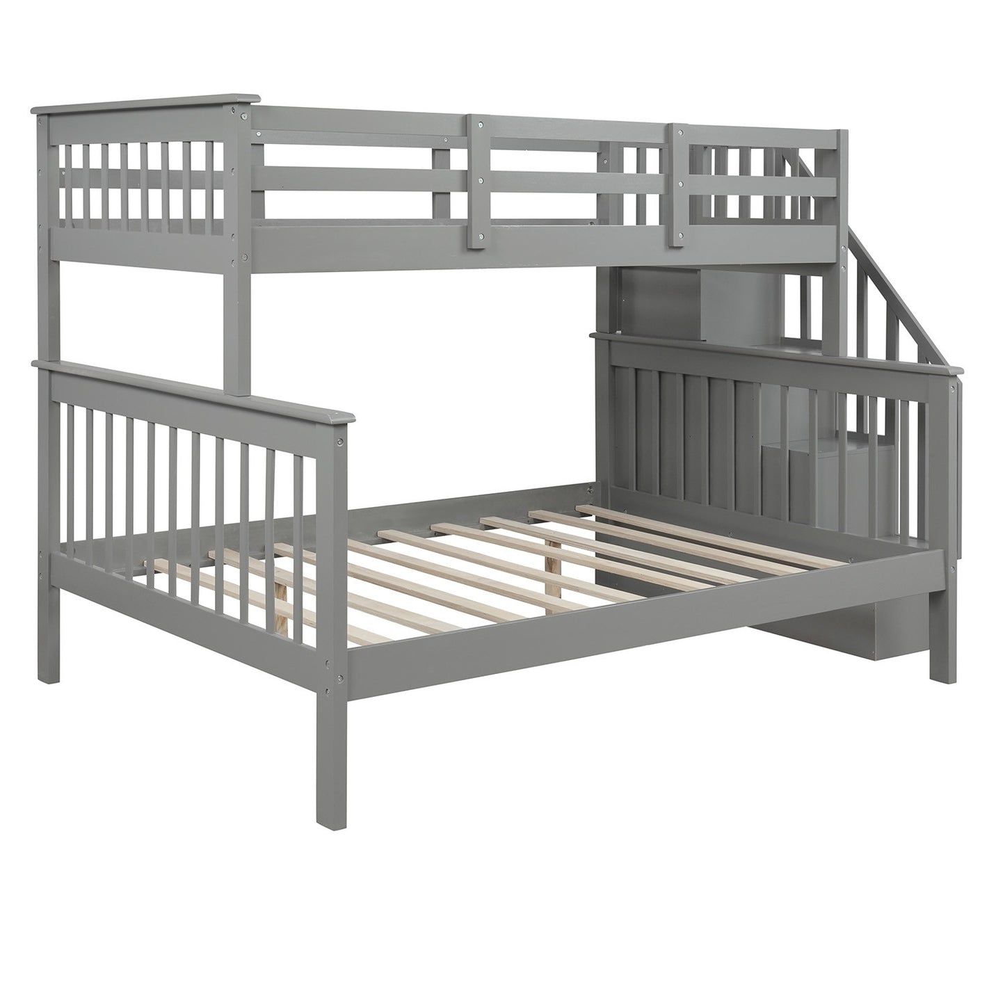 Gray Twin Over Full Contemporary Bunk Bed With Stairs And Shelves