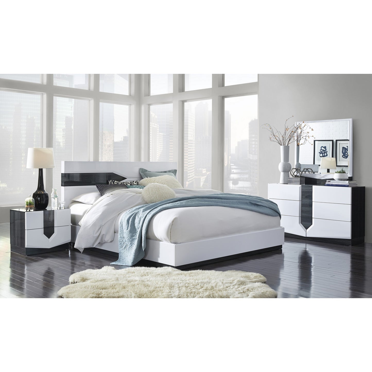 White Tone Quekingen Bed With Dark Grey Zebrano Details On Headboard And Bottom Rail Accent