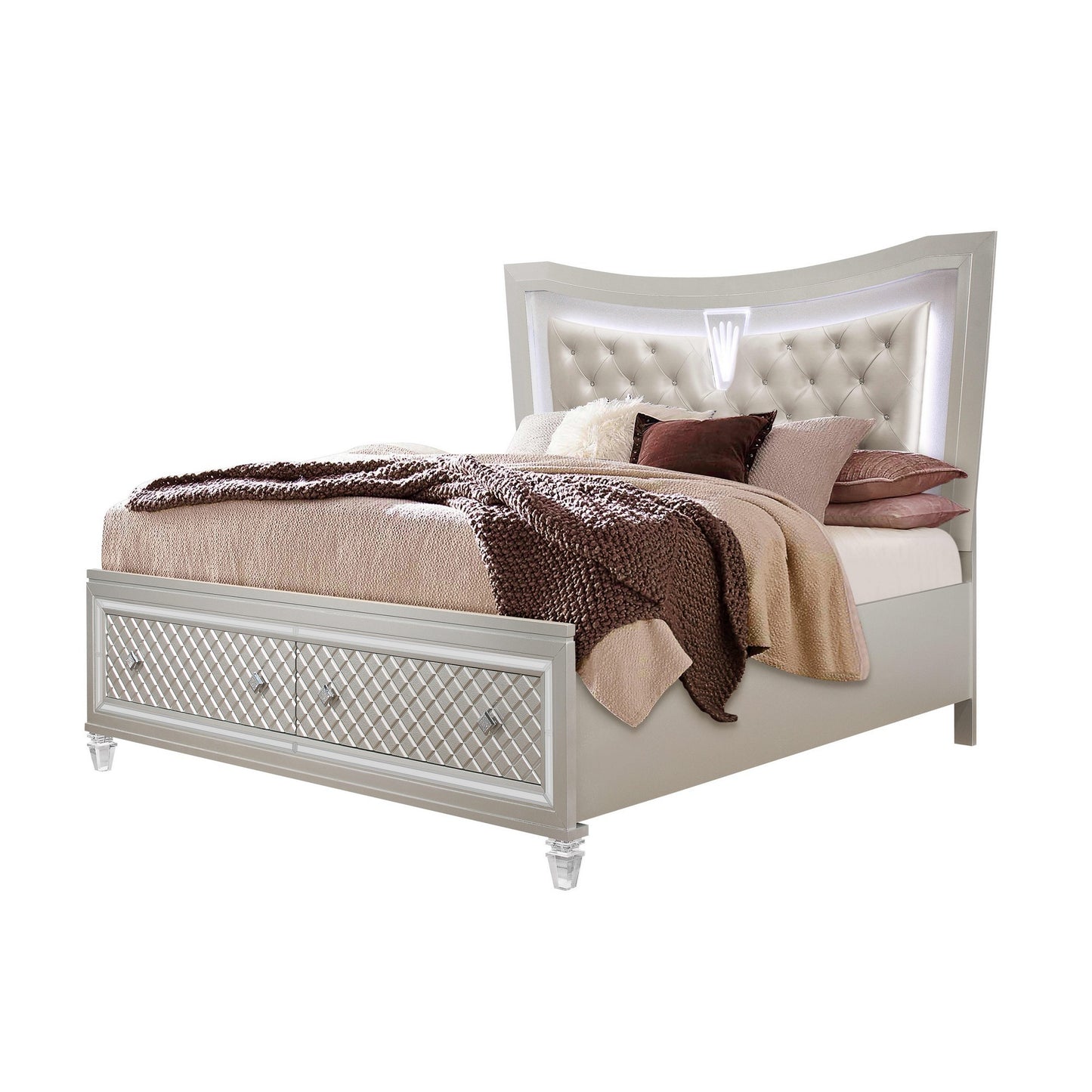 Champagne Tone Queen Bed With Padded Headboard  Led Lightning  2 Drawer