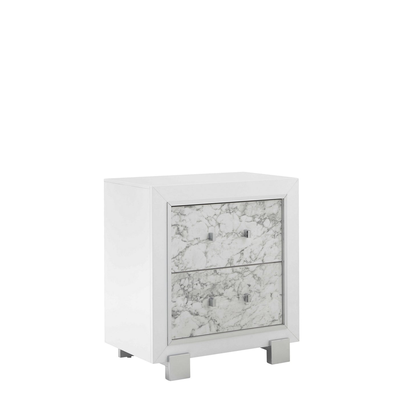 Modern White Nightstand With 2 Faux Marble Detailed Front Drawer.