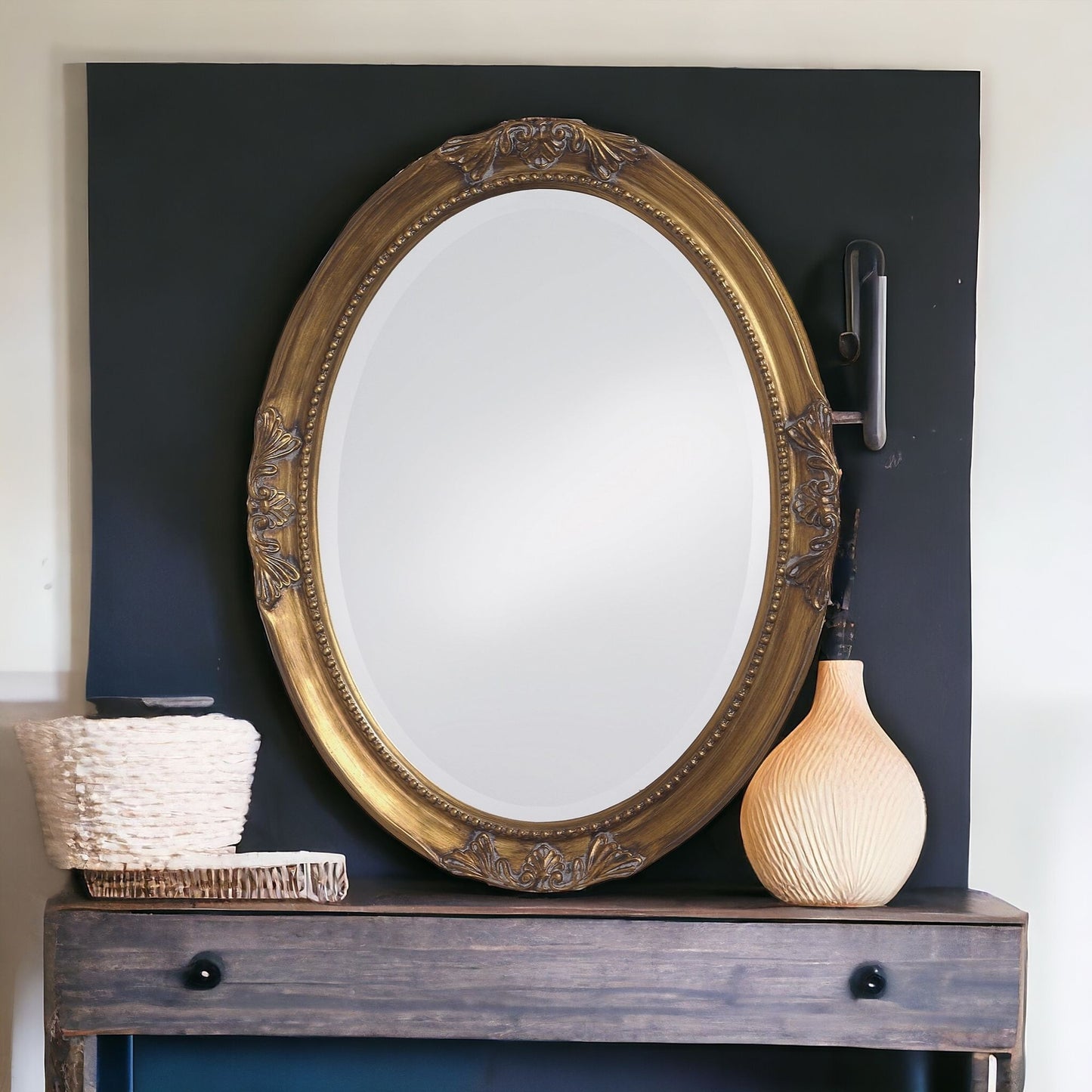 Oval Antique Gold Finish Mirror With Beaded Textured Frame