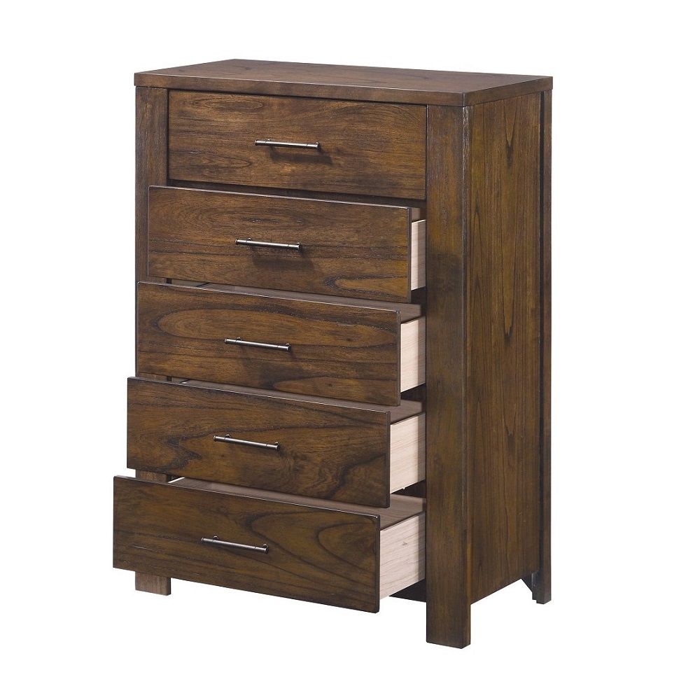 48" Oak Finish 5 Drawer Chest Dresser With Brass Metal Hardware