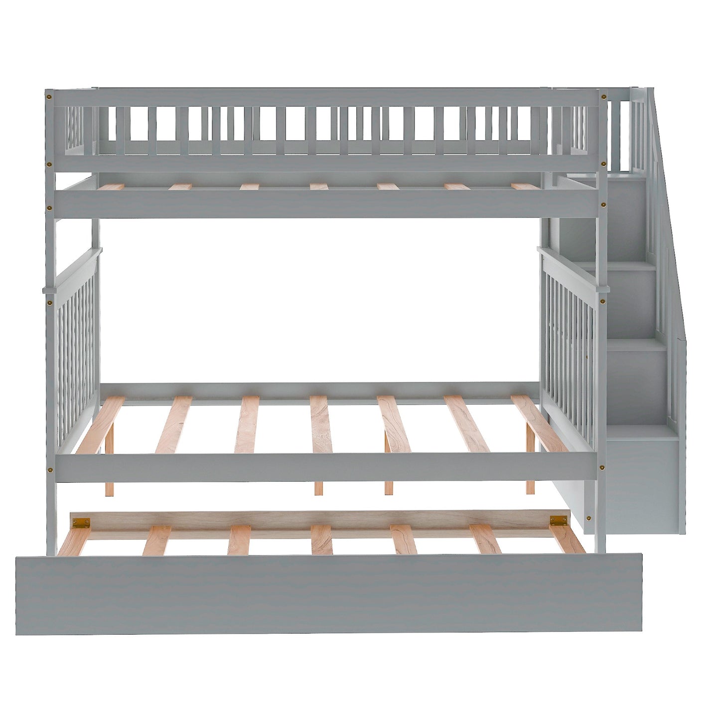 Gray Full Over Full Farmhouse Style Bunk Bed with Trundle and Staircase