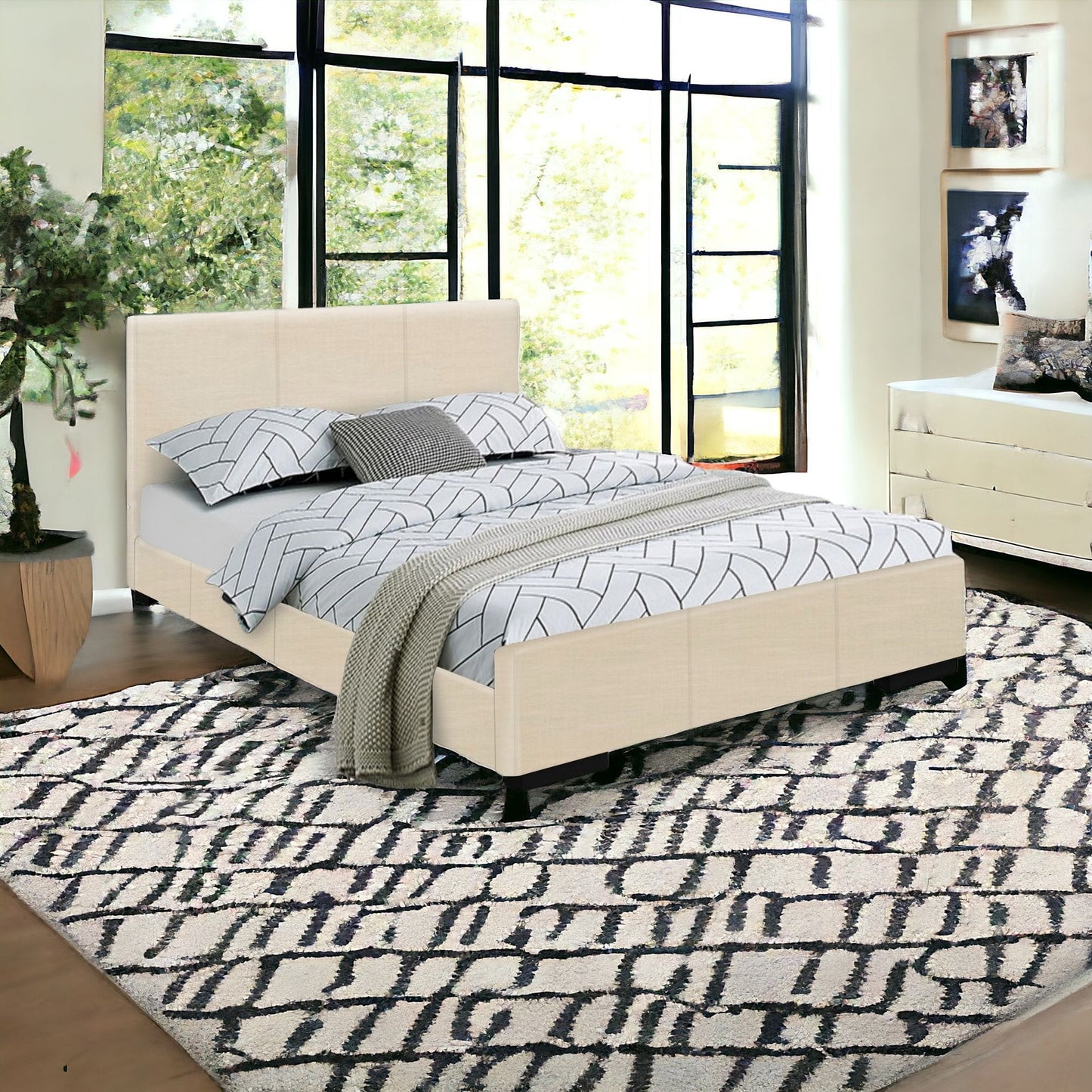 Beige Platform Queen Bed