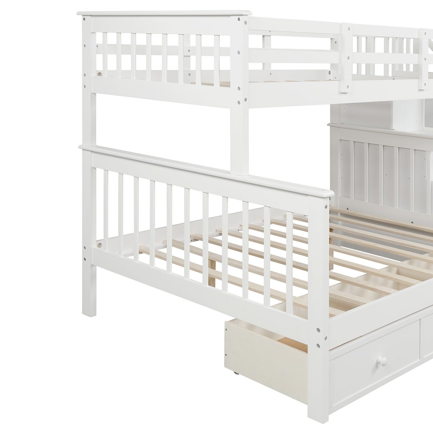 White Twin Over Full Contemporary Bunk Bed With Stairs And Shelves