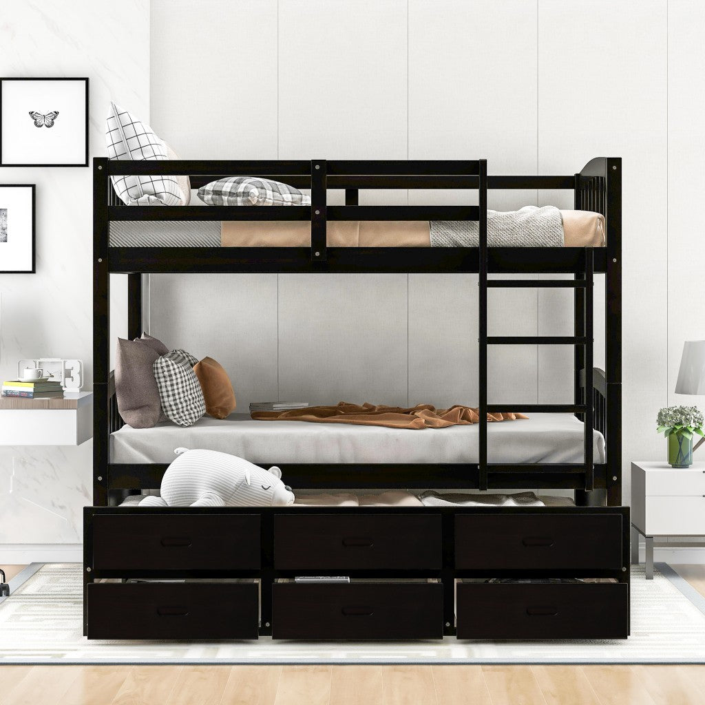 Twin over Twin Wood Bunk Bed Trundle Drawers Espresso